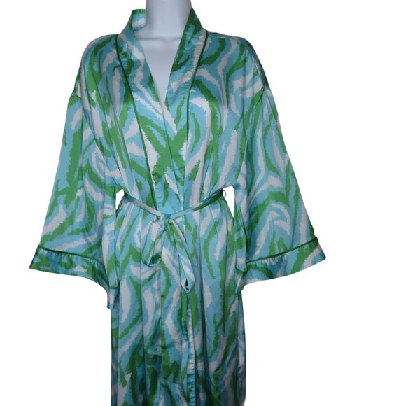 Diane Von Furstenberg Womens Long Robe L Green Blue Zebra Disco Recycled Poly - Picture 6 of 11